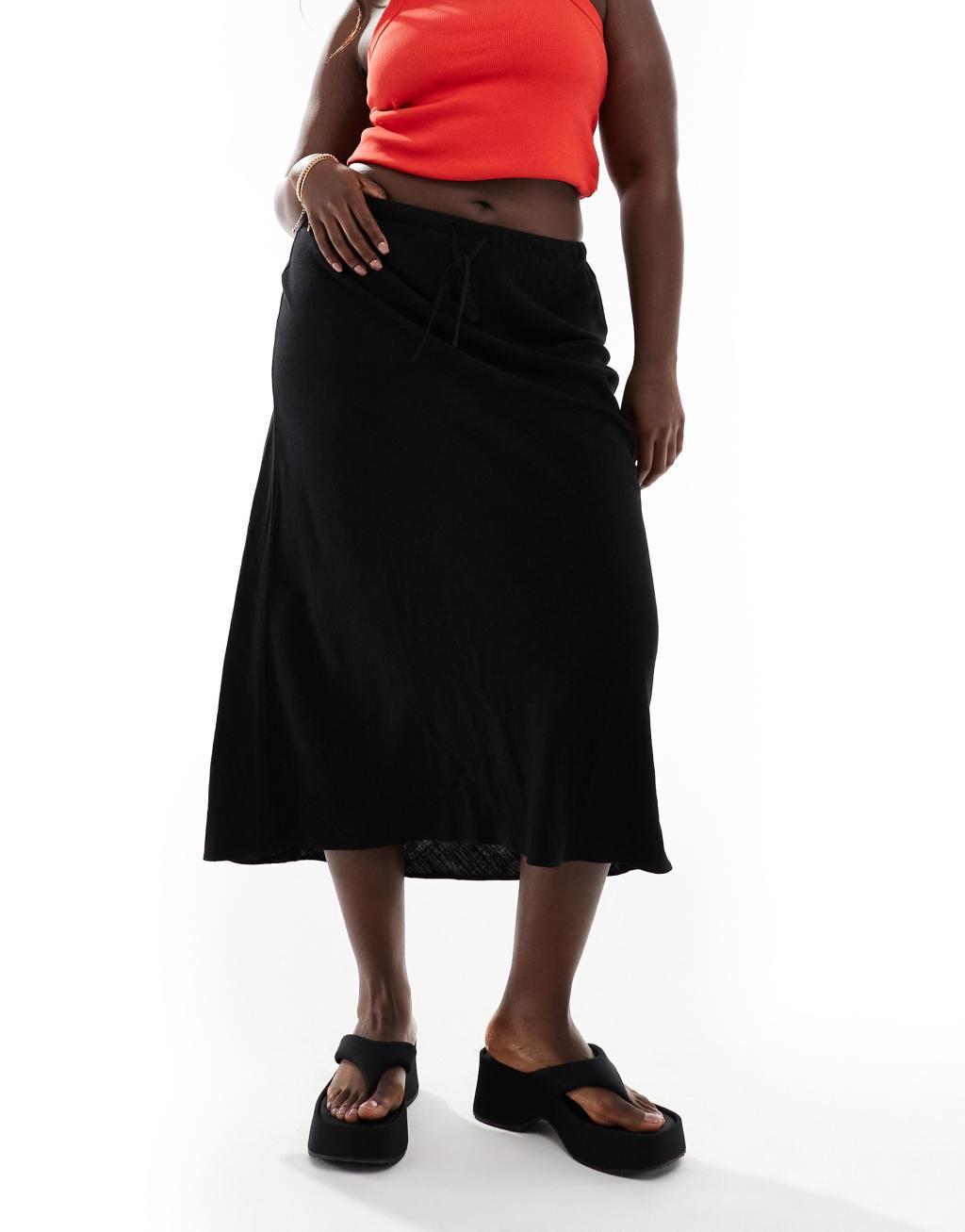 ASOS DESIGN Curve linen look tie waist bias cut midi skirt in black Product Image