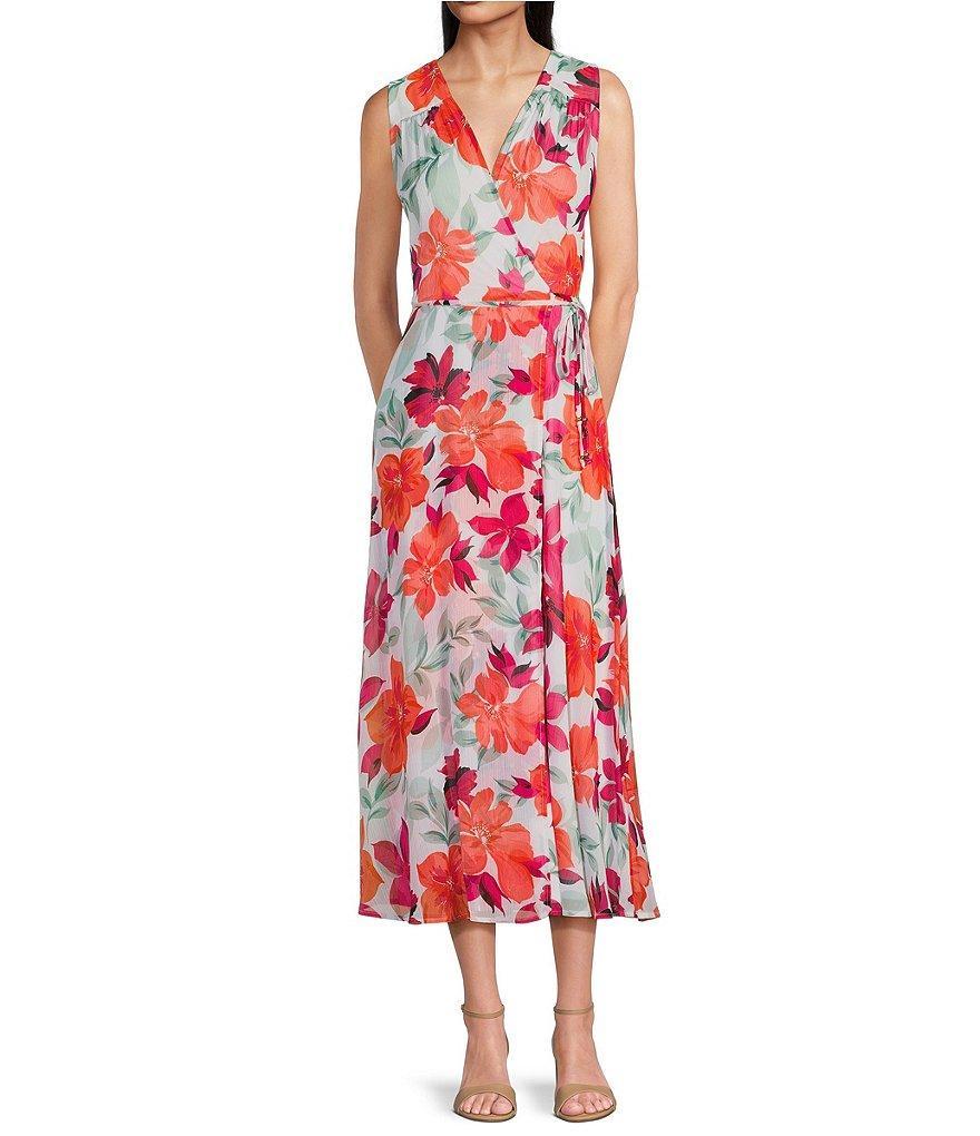 Calvin Klein Crinkle Chiffon Sleeveless V-Neck Tie Waist Floral Faux Wrap Midi Dress Product Image