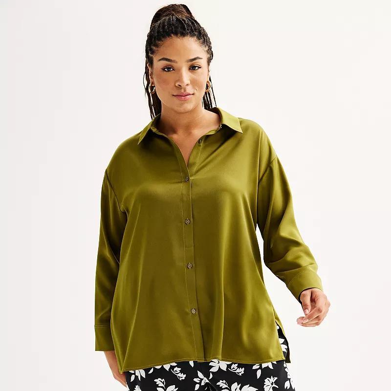 Plus Size INTEMPO Satin Button Down Shirt, Womens Product Image