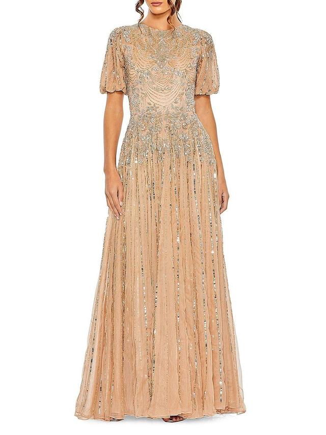 Womens Embellished Puff-Sleeve A-Line Gown Product Image