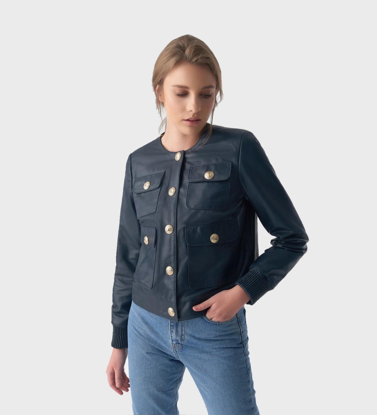 Womens Collarless Stunning Studs Closure Leather Jacket Navy Product Image