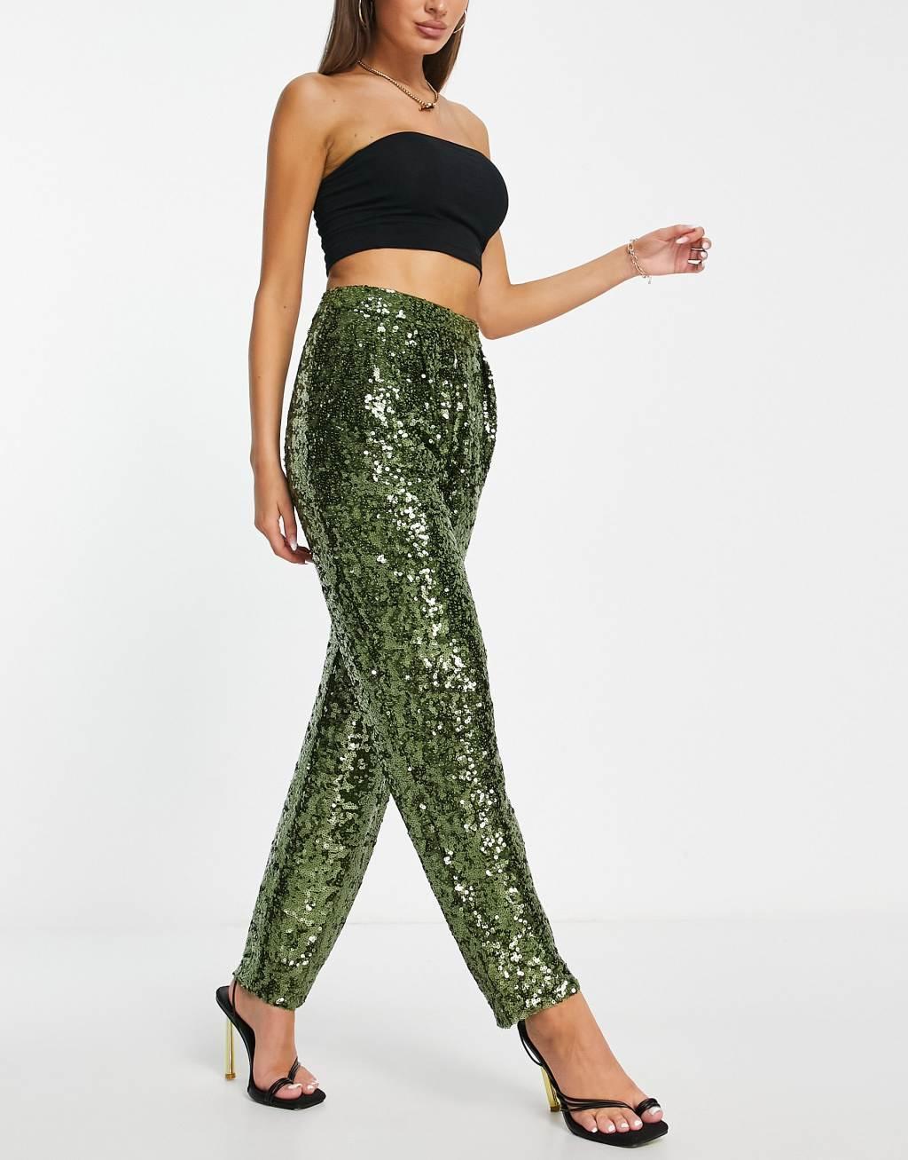 ASOS DESIGN sequin slouchy pants in khaki Product Image