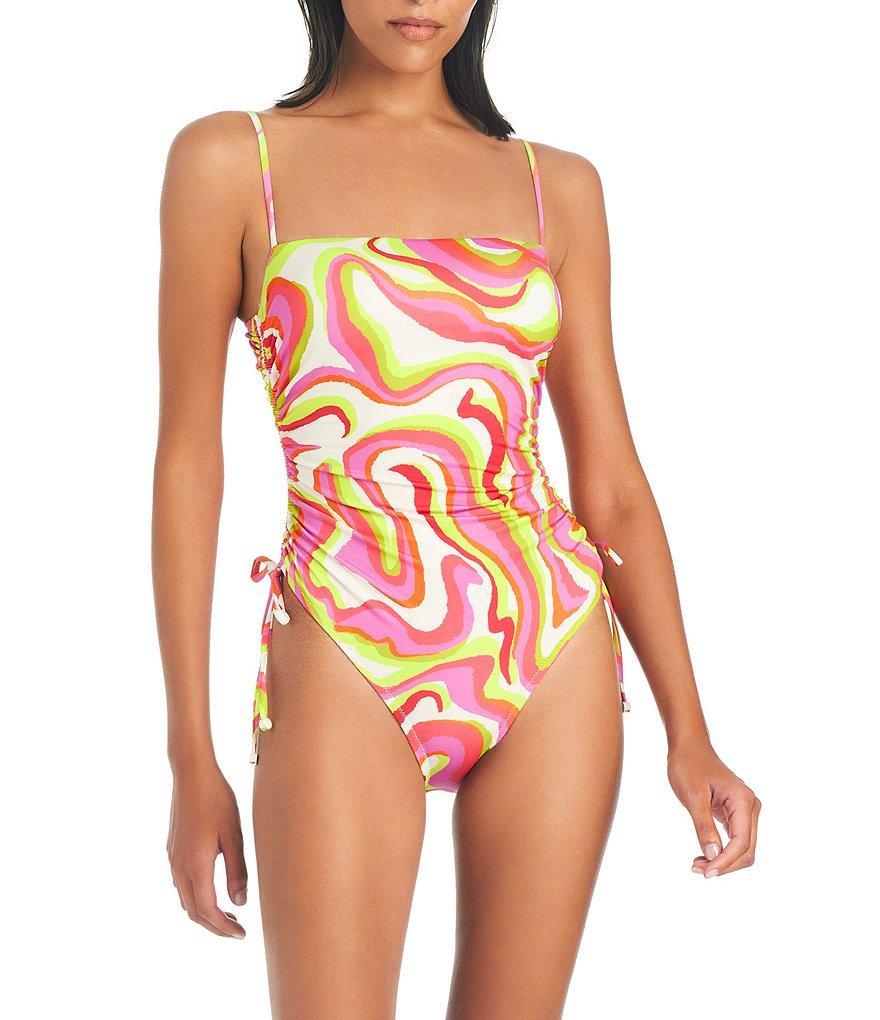 Sanctuary Neon Swirl Printed Square Neck Side Shirred One Piece Swimsuit Product Image