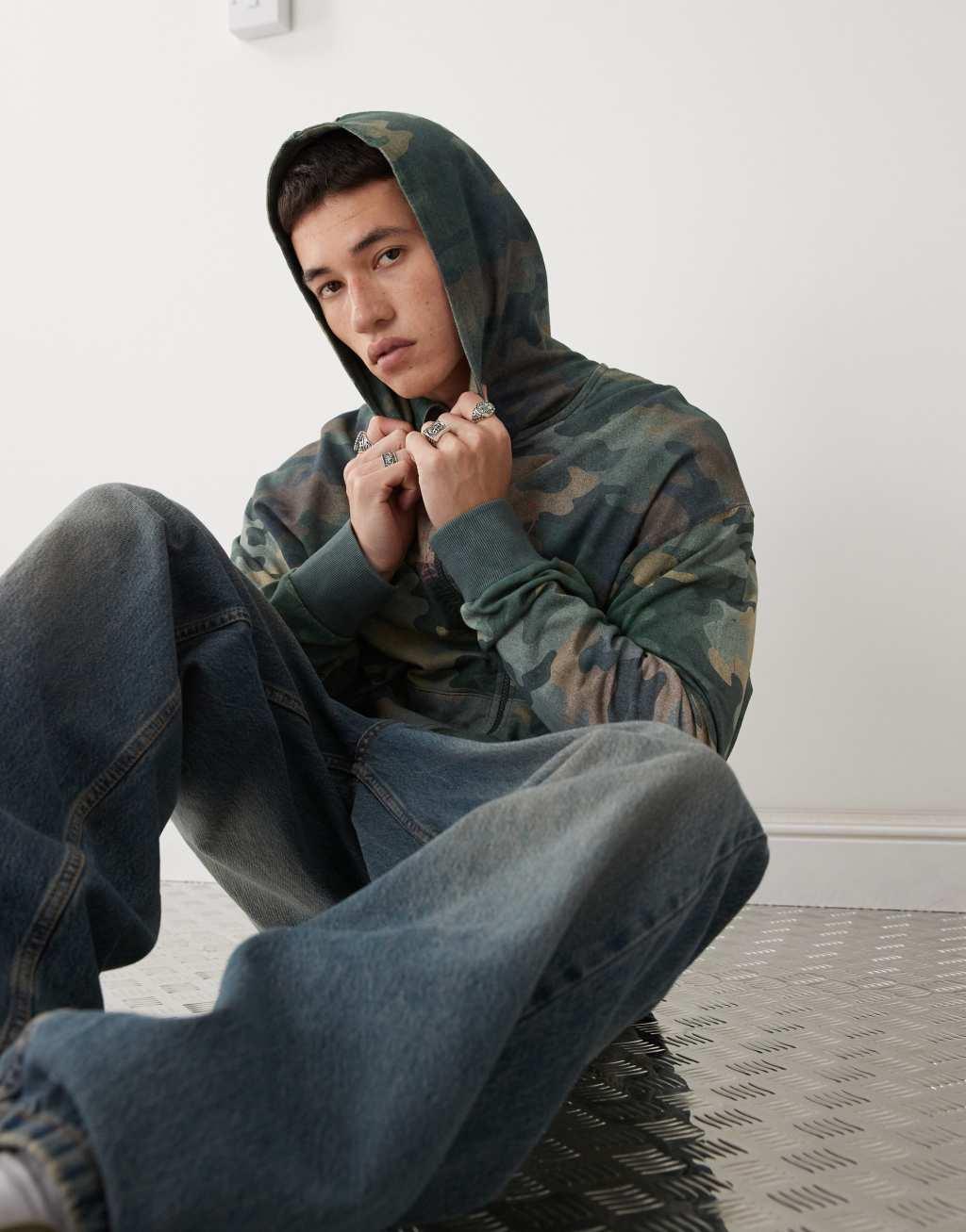 COLLUSION Boxy fit hoodie in camo print in lightweight jersey Product Image