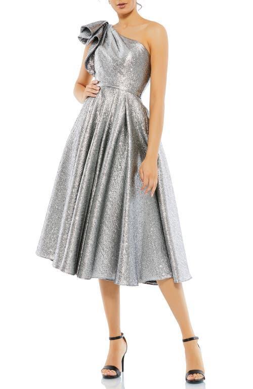 Mac Duggal One-Shoulder Metallic Brocade Midi Cocktail Dress Product Image