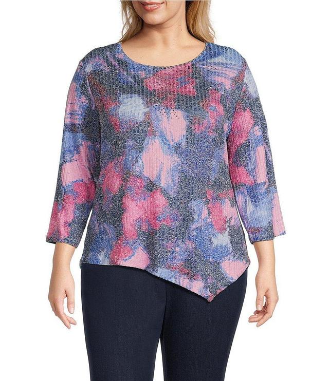 Allison Daley Plus Size Abstract Canvas Print 3/4 Sleeve Crew Neck Asymmetric Hem Knit Top Product Image