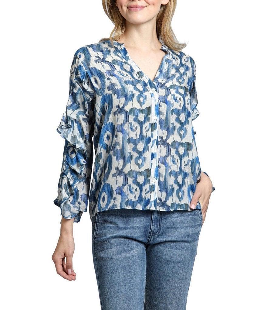 APNY Printed Split V-Neck Ruffle Sleeve Top Product Image