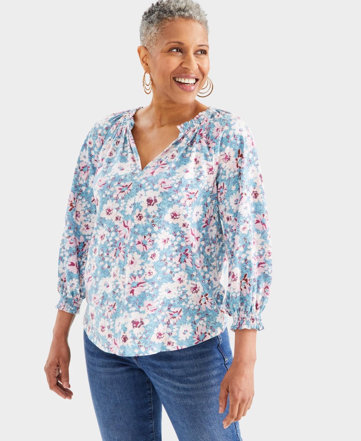 Style & Co Womens Printed Split Neck Ruffle Trim Long-Sleeve Knit Top, Created for Macys Product Image