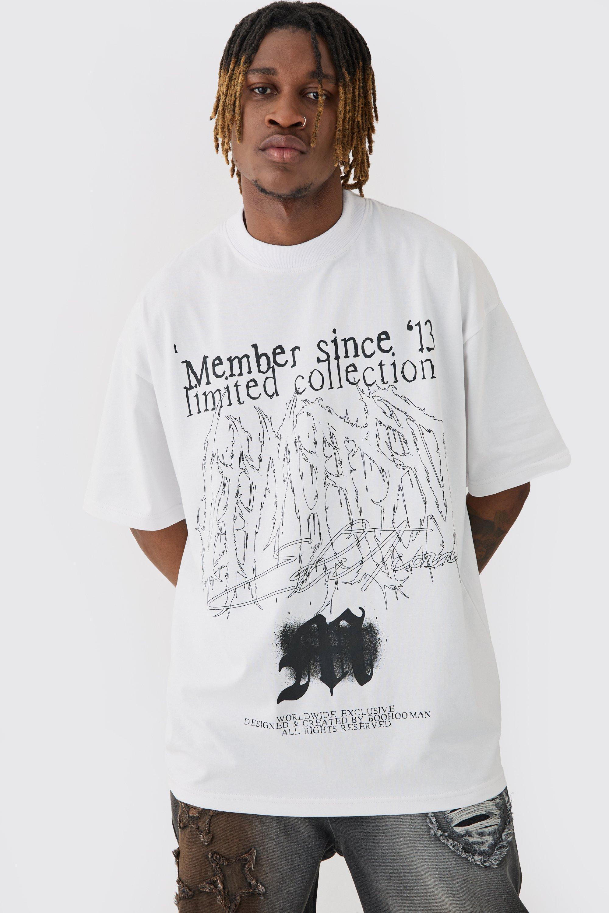 Mens White Tall Oversized Extended Neck Limited Print T-shirt, White Product Image