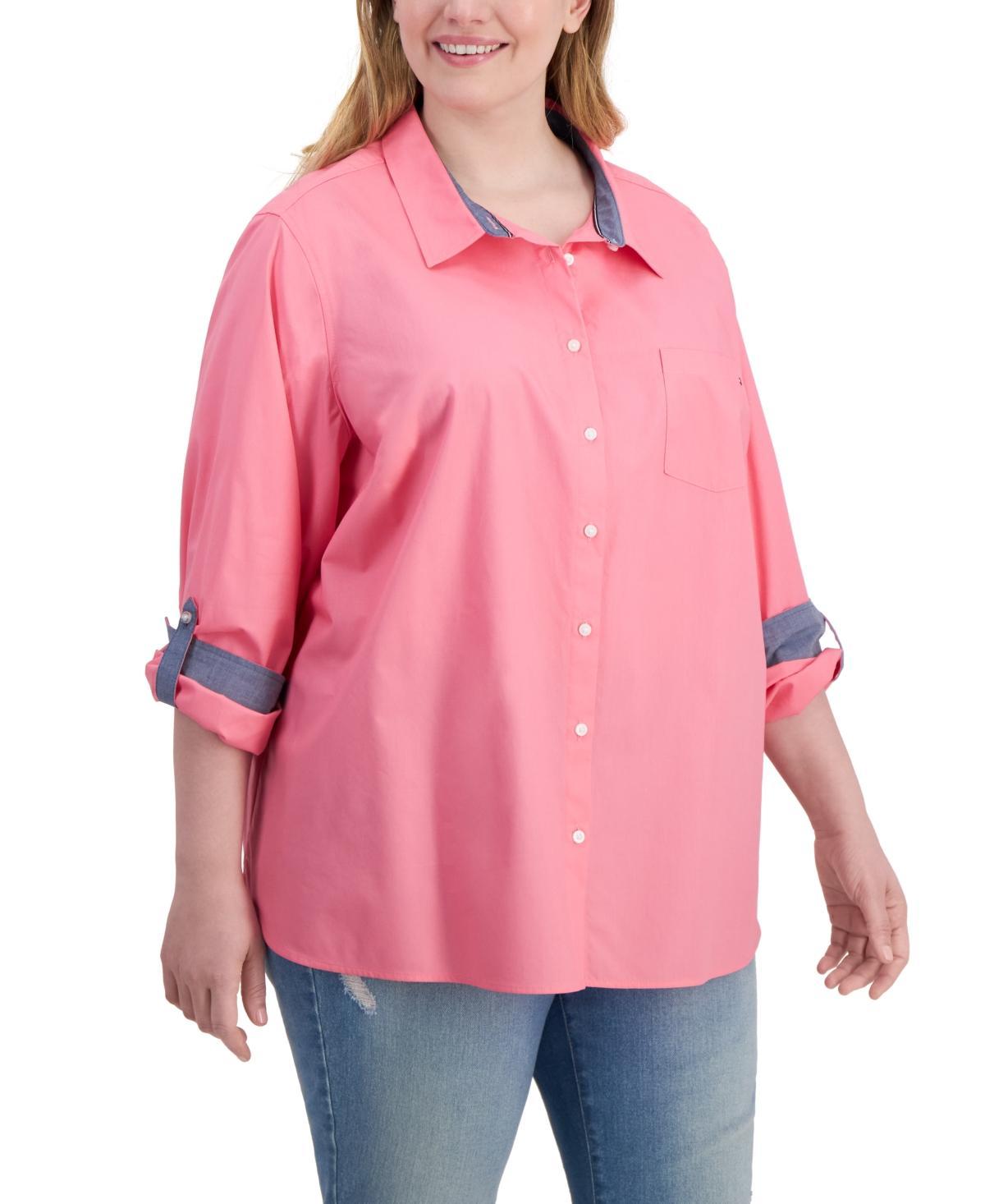 Tommy Hilfiger Women's Cotton Roll Tab Shirt Pink Size 1X Product Image