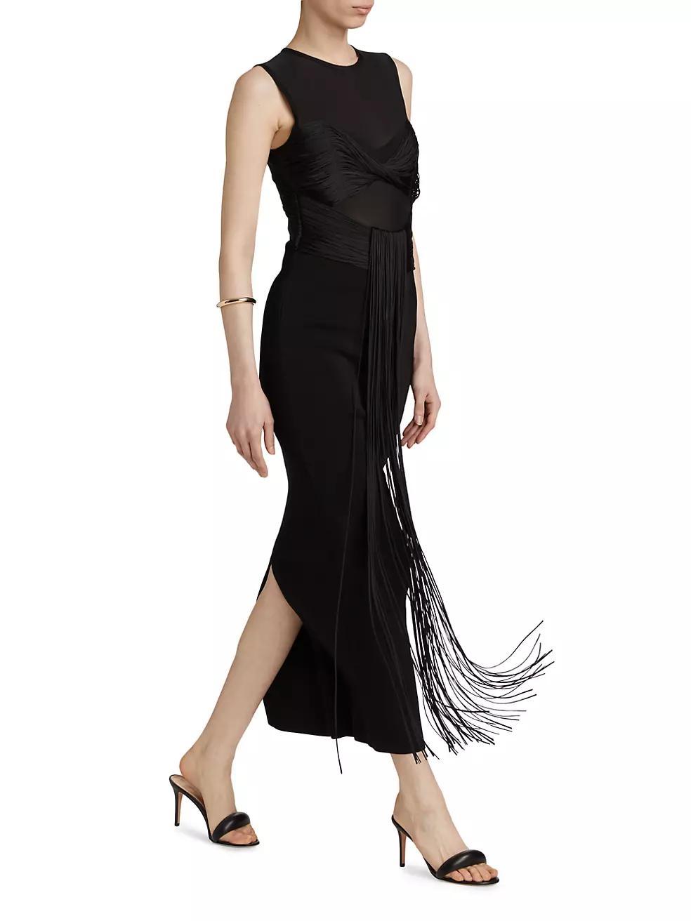 Nina Mesh Paneled Fringe Gown Product Image