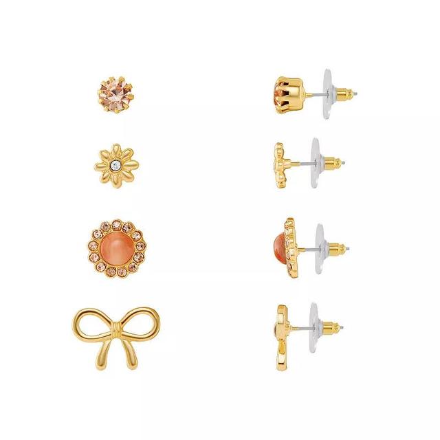 Emberly Gold Tone Champagne & Clear Crystal Flower & Bow 4-pack Stud Earrings Set, Womens, Yellow Gold Tone Product Image