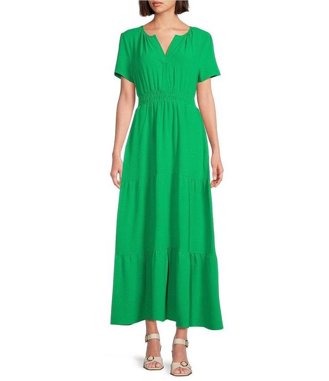 Leslie Fay Short Sleeve Split V-Neck Tiered Skirt Smocked Waist Maxi Dress Product Image