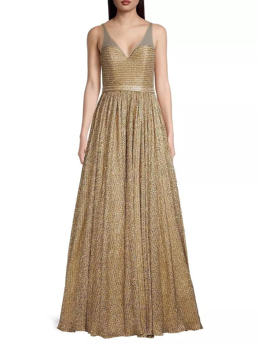 Illusion Metallic-Knit Flared Gown Product Image