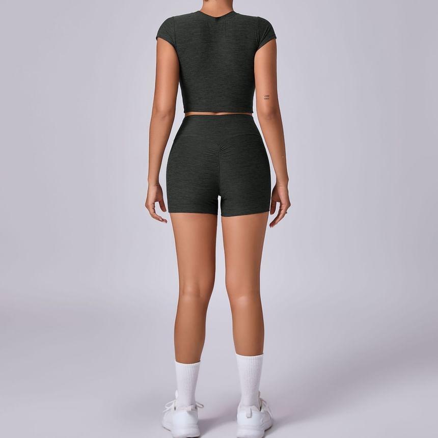 Set: Long-Sleeve Crew Neck Melange Crop Sports Top + High Waist Biker Shorts Product Image