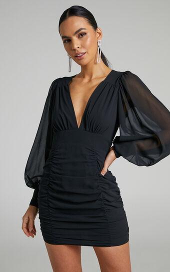 Hollis Mini Dress - Ruched Long Sleeve Plunge Neck Dress in Black Product Image