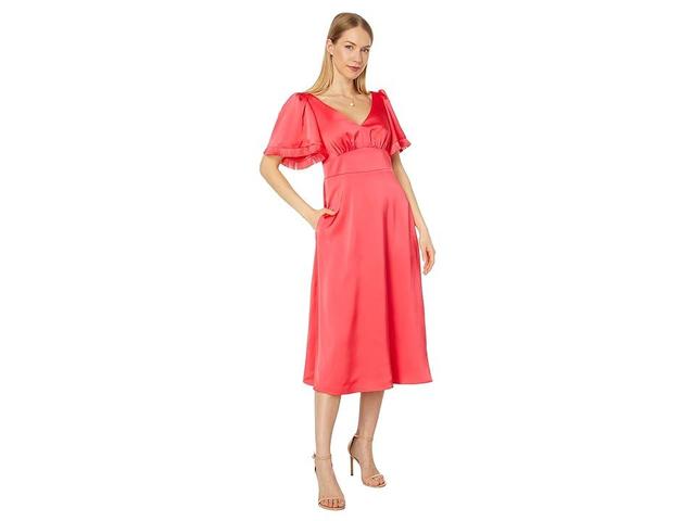 Vince Camuto Crepe Back Flutter Sleeve Satin Midi Dress (Hot Coral) Women's Dress Product Image