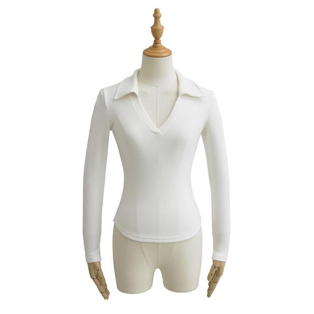 Long Sleeve V-Neck Plain Slim-Fit Polo Top Product Image