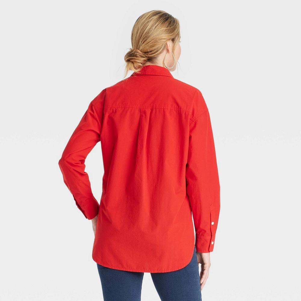 Women's Oversized Long Sleeve Collared Button-Down Shirt - Universal Thread™ Red L Product Image