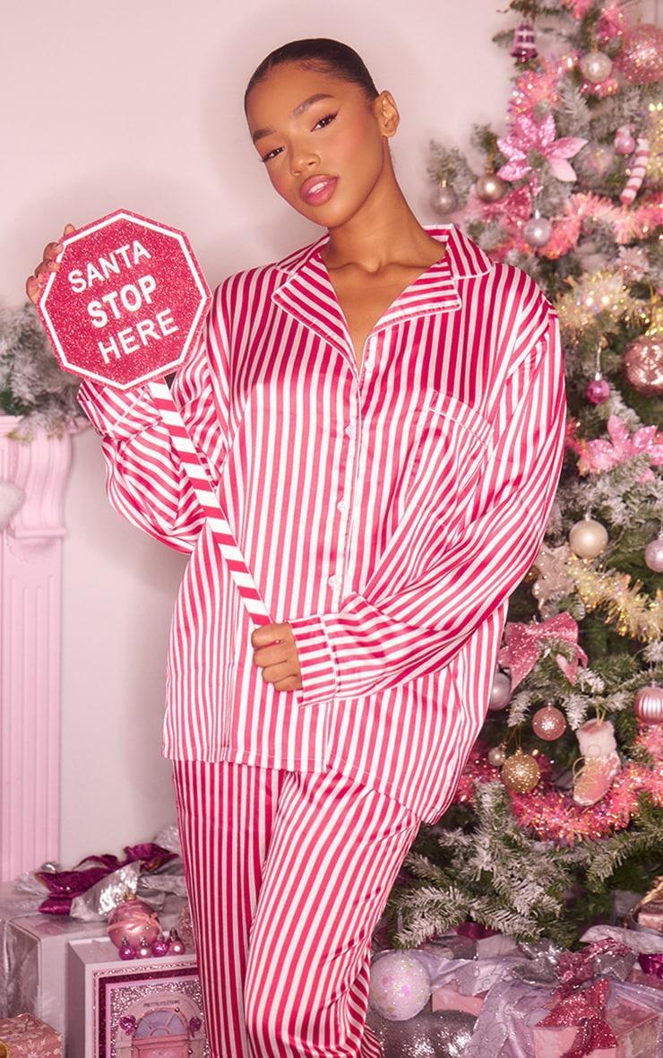 Red Stripe Print Satin Long PJ Set Product Image