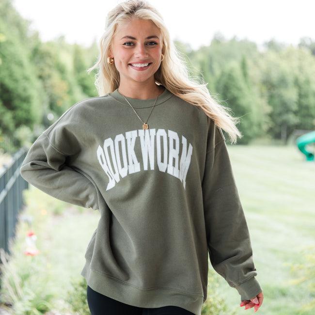 Bookworm Olive Oversized Graphic Sweatshirt Product Image