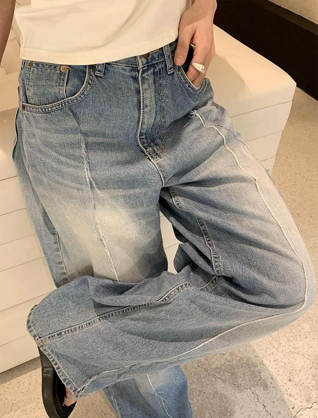 High Waist Washed Slit Hem Wide Leg Jeans Product Image