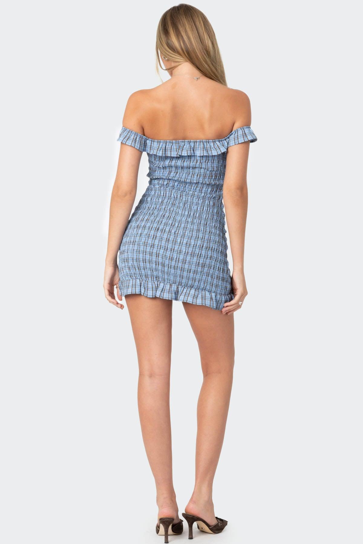 Off Shoulder Scrunched Plaid Mini Dress Product Image