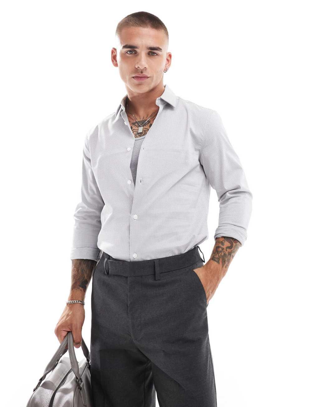 ASOS DESIGN slim shirt in white and gray microcheck Product Image