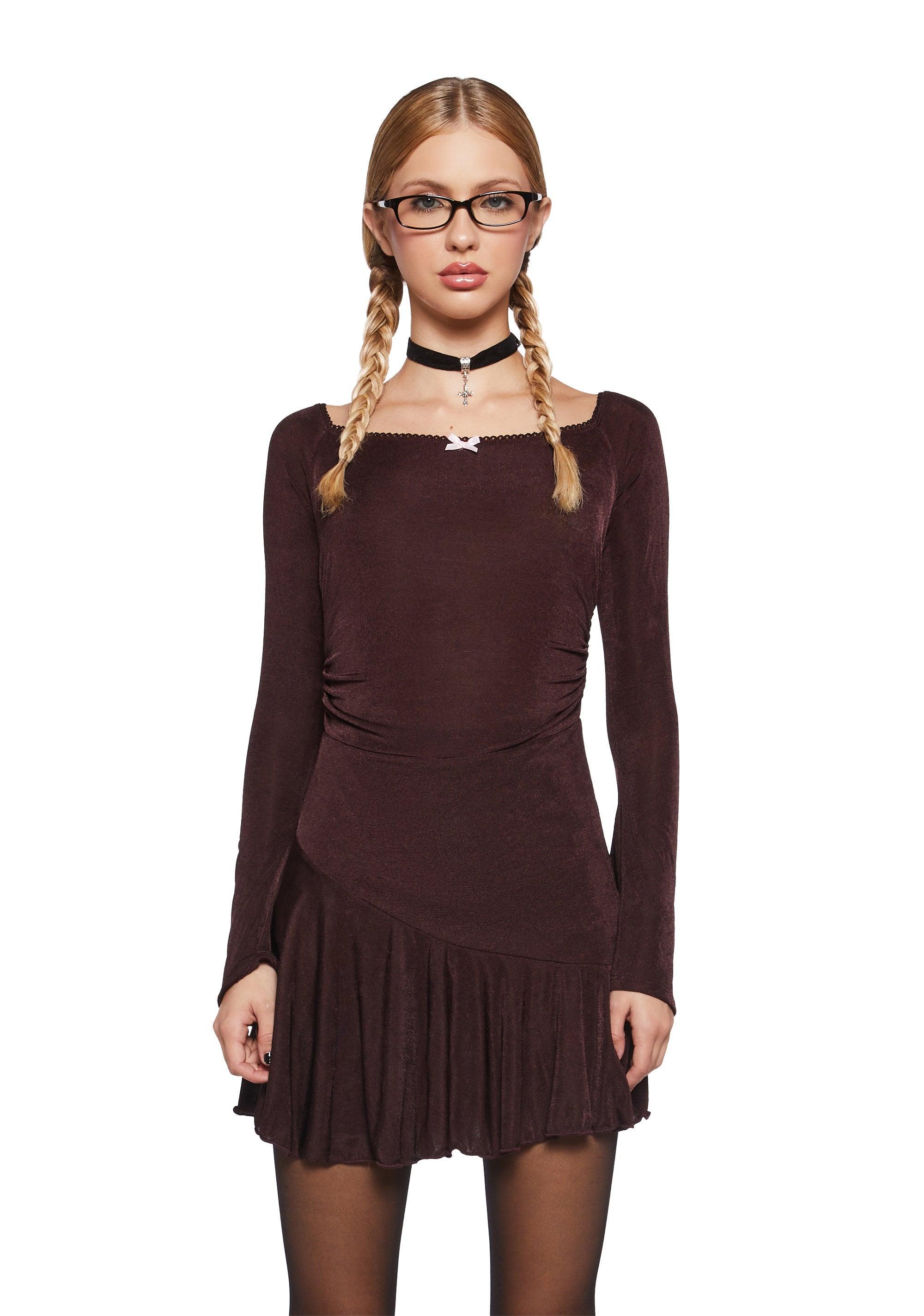 Stretchy Knit Square Neck Ruched Long Sleeve Mini Dress - Brown Product Image