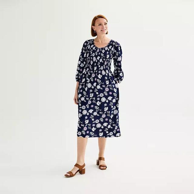 Womens Croft & Barrow 3/4 Sleeve Smocked Challis Dress, Womens Blue Peri Flowy Tiles Product Image