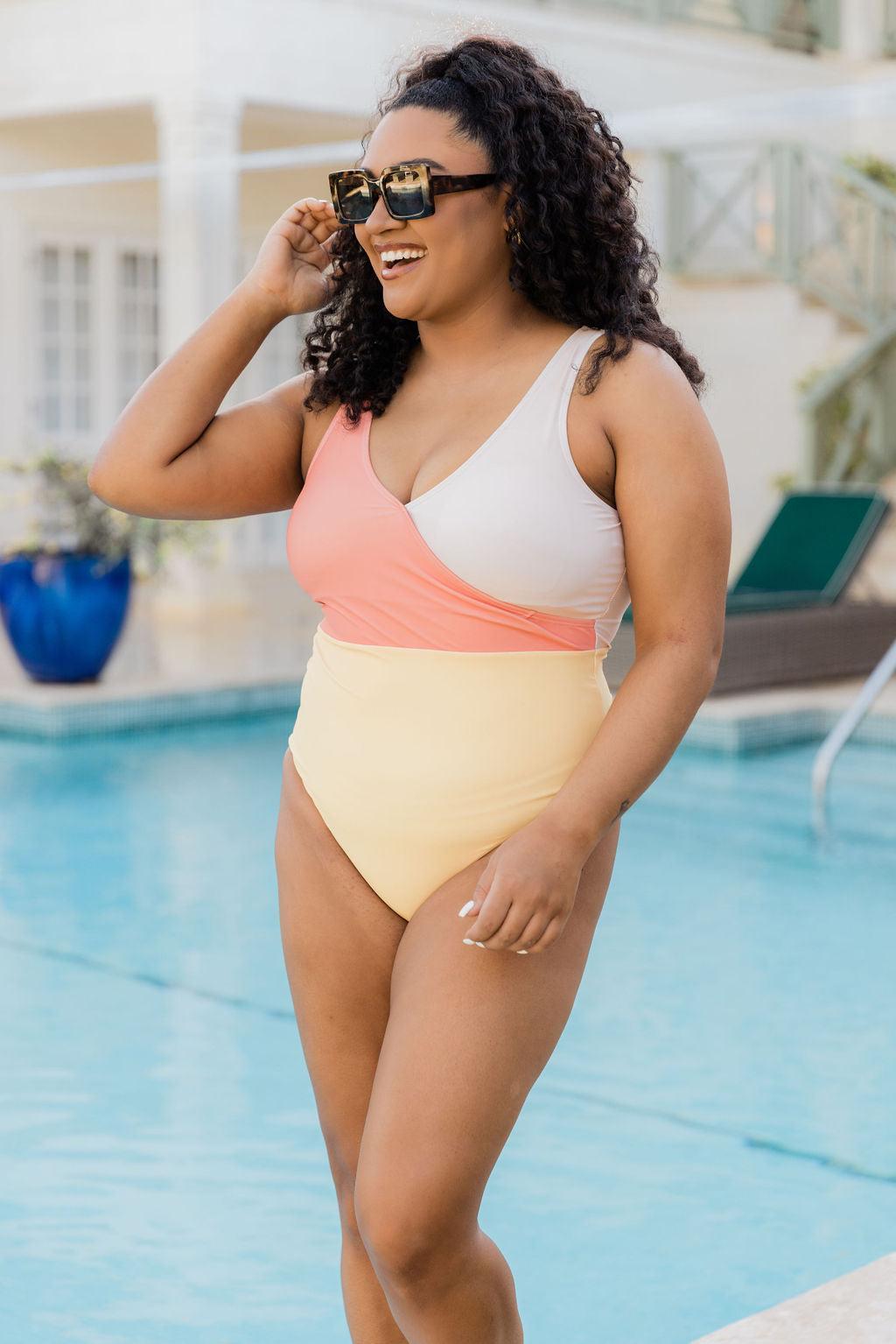 On Pool Time Yellow/Orange Color Block One Piece Swimsuit FINAL SALE Product Image