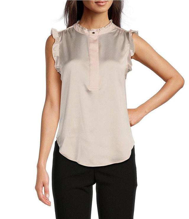 DKNY Crew Neck Sleeveless Satin Ruffled Trim Top Product Image