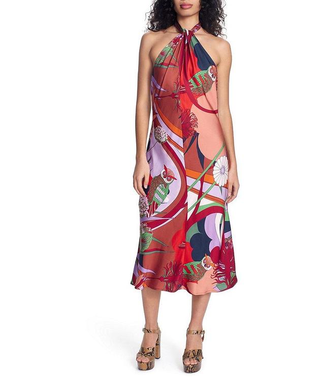 COREY LYNN CALTER Mina Printed Satin Woven Halter Neck Sleeveless Midi A-Line Dress Product Image