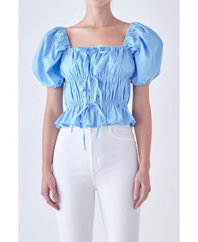 English Factory Womens Tie Detail Shirring Top with Short Sleeves Product Image