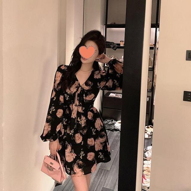 Long Sleeve V-Neck Floral Mini A-Line Dress Product Image