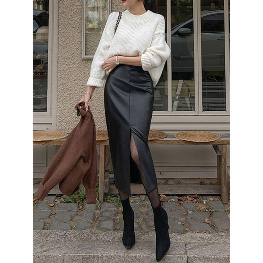 High Rise Faux Leather Slit Midi Pencil Skirt Product Image