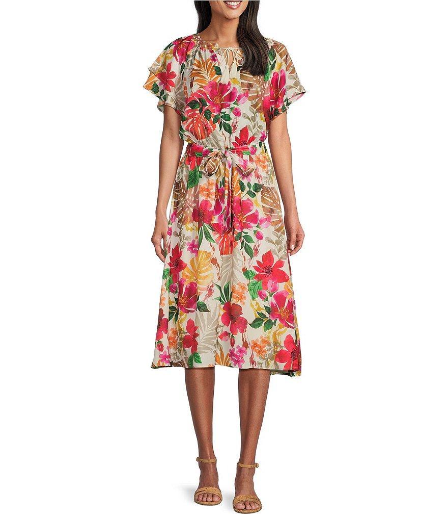 Allison Daley Tropical Floral Print Short Flutter Sleeve Tie Neck Yoryu Midi Dress Product Image