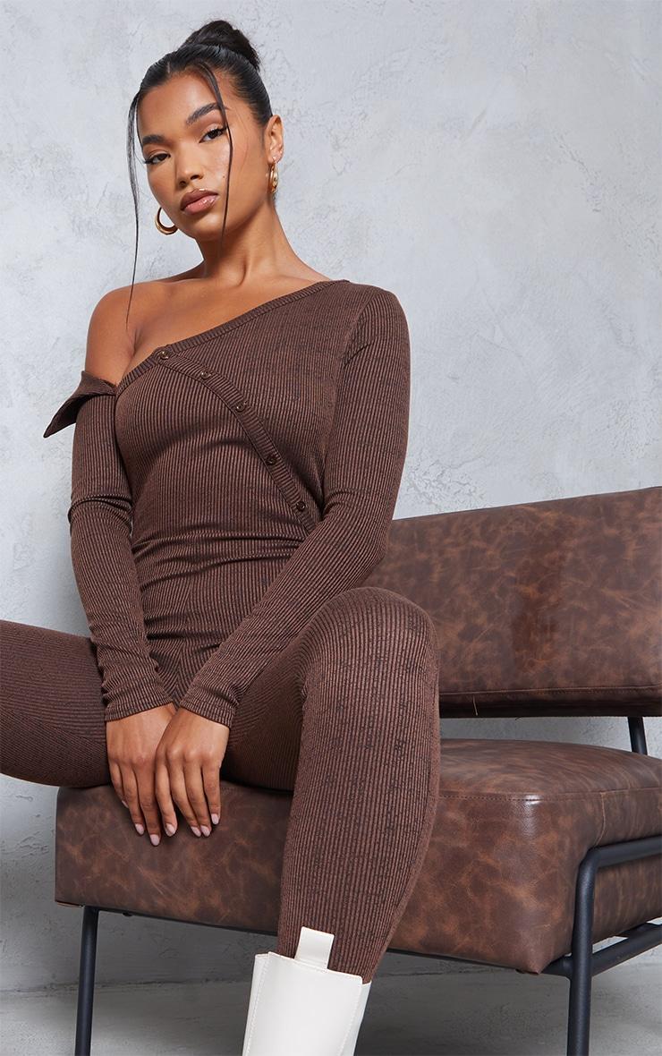 Chocolate Rib Bardot Button Detail Jumpsuit Product Image