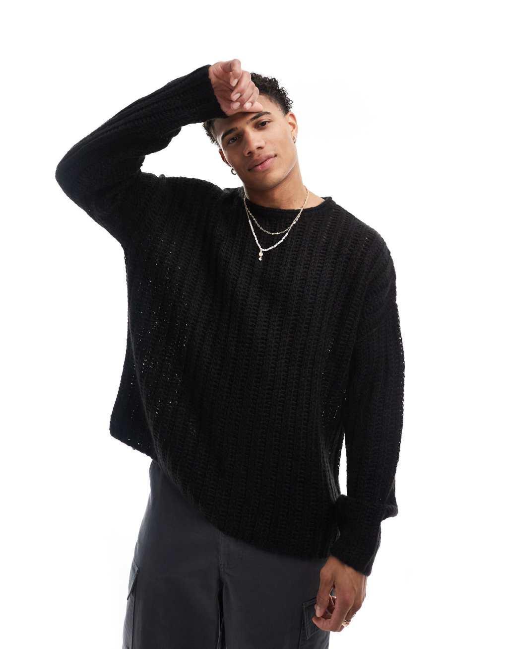 ASOS DESIGN oversized open knit brushed rib sweater in black Product Image