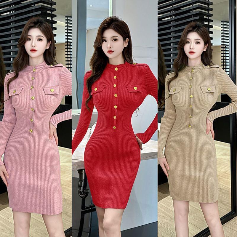 Long Sleeve Mock Neck Plain Button Ribbed Knit Mini Sheath Dress Product Image