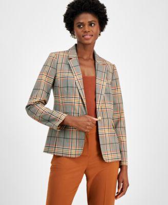 Tahari Asl Womens Plaid One-Button Suede-Pocket Jacket - Cognac Product Image