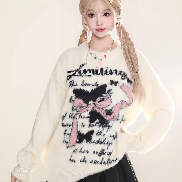 Long Sleeve Bow & Lettering Print Loose-Fit Sweater Product Image