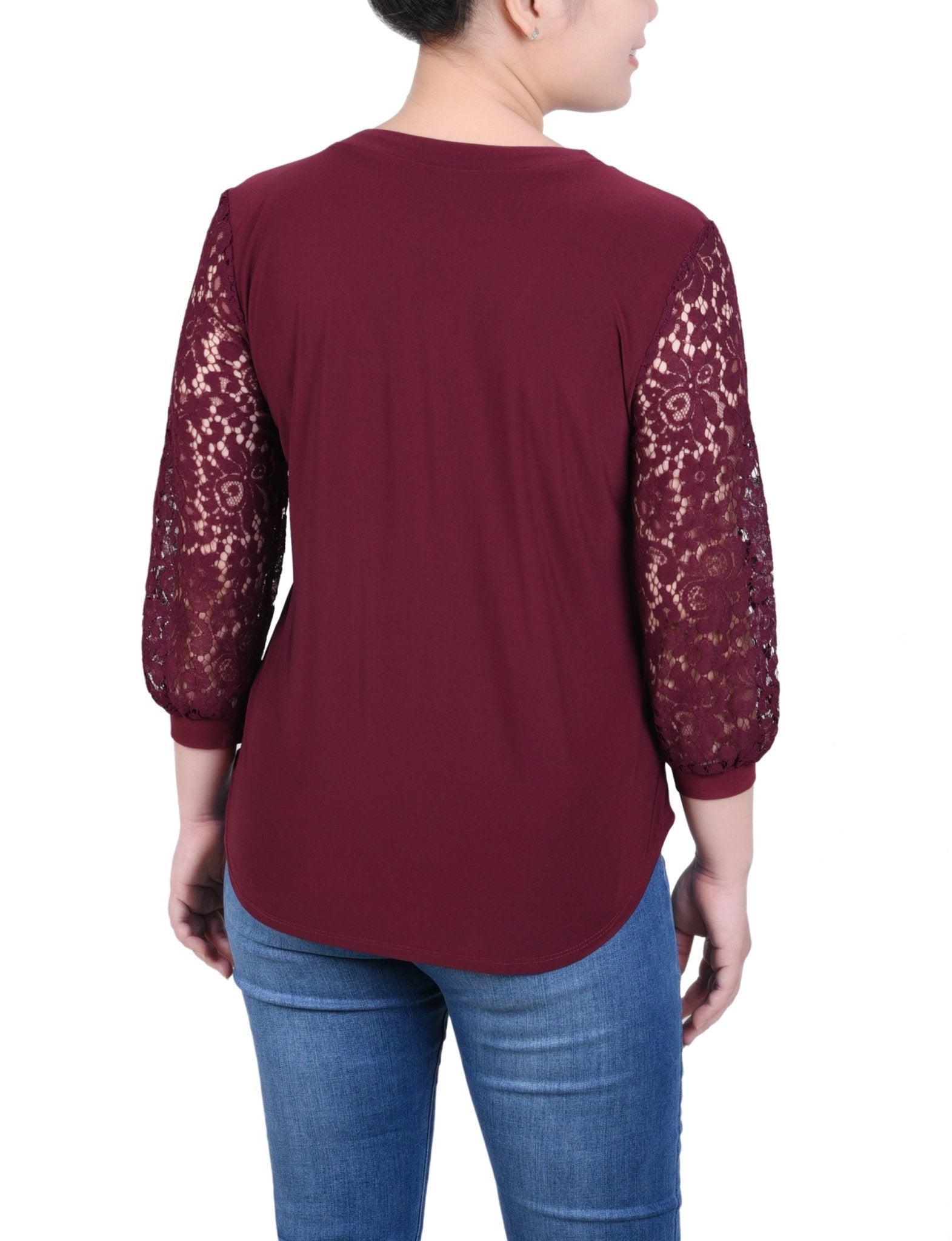 Lace-Sleeve V Neck Top - Petite Product Image