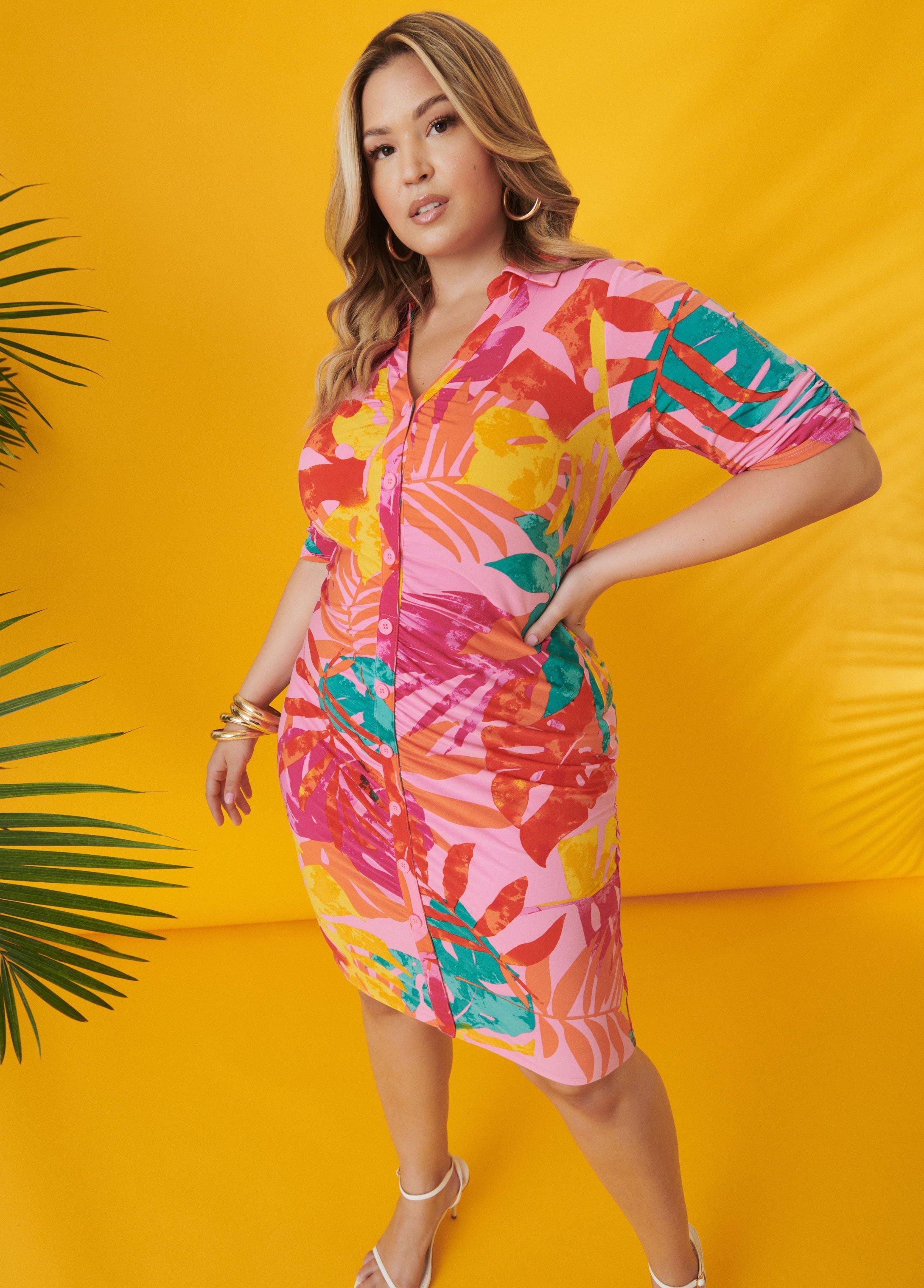 Plus Size Ruched Leaf Print Shirtdress Ashley Stewart Product Image