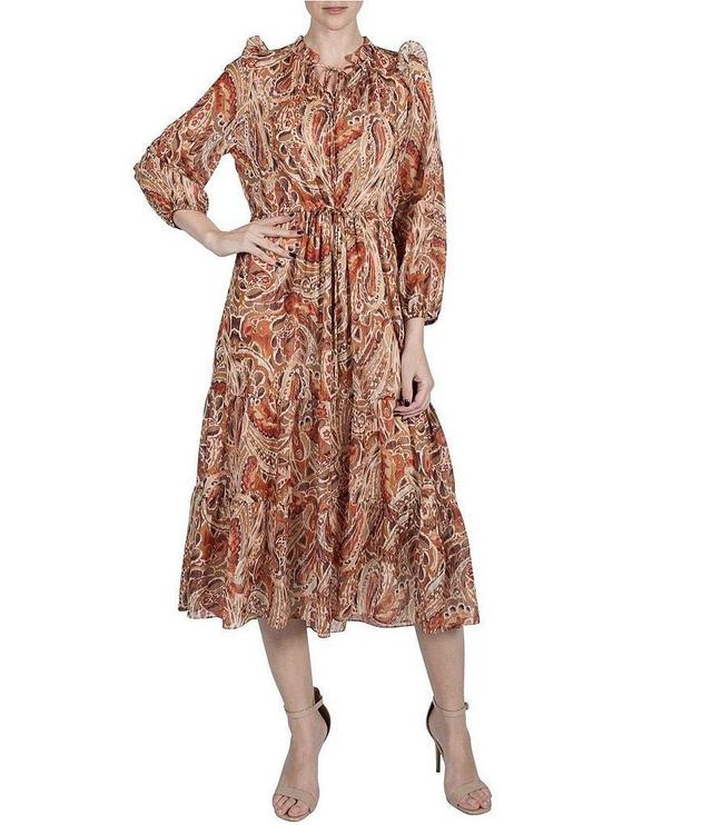 Julia Jordan Printed Chiffon Mock Neck Long Puff Shoulder Sleeve Midi Dress Product Image