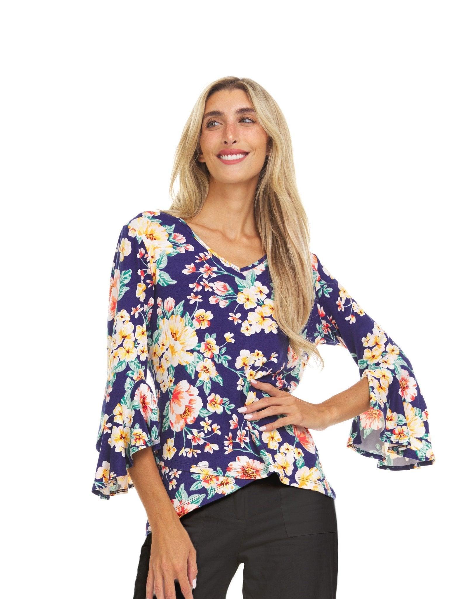 Printed V-neck Top With Flutter Sleeves And An Overlapping Hem Product Image