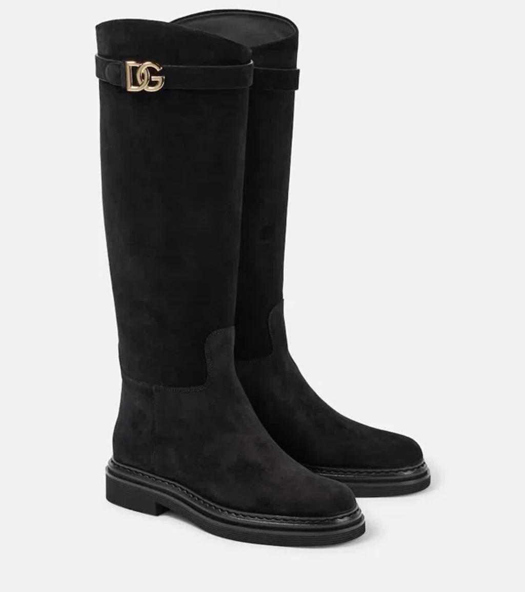 DOLCE & GABBANA Logo Suede Knee-high Boots In Black product image