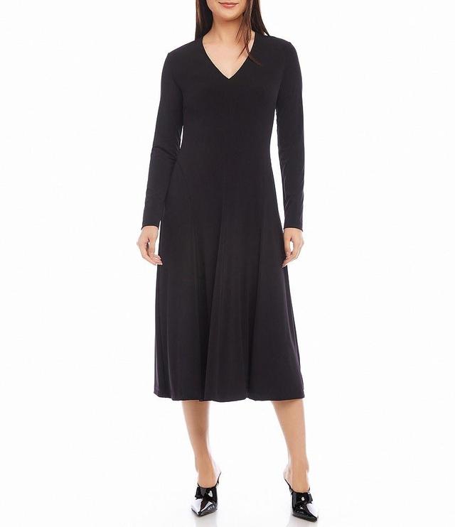 Karen Kane Petite Size Jersey Knit Kate V-Neck Long Sleeve A-Line Midi Dress Product Image