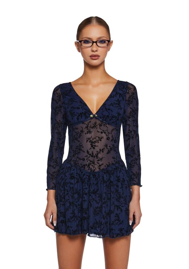 Stretchy Mesh Flocked Floral Velvet Mini Dress - Dark Blue Product Image