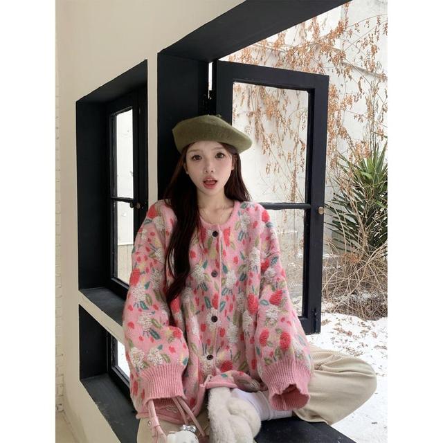 Round Neck Floral Cardigan Product Image